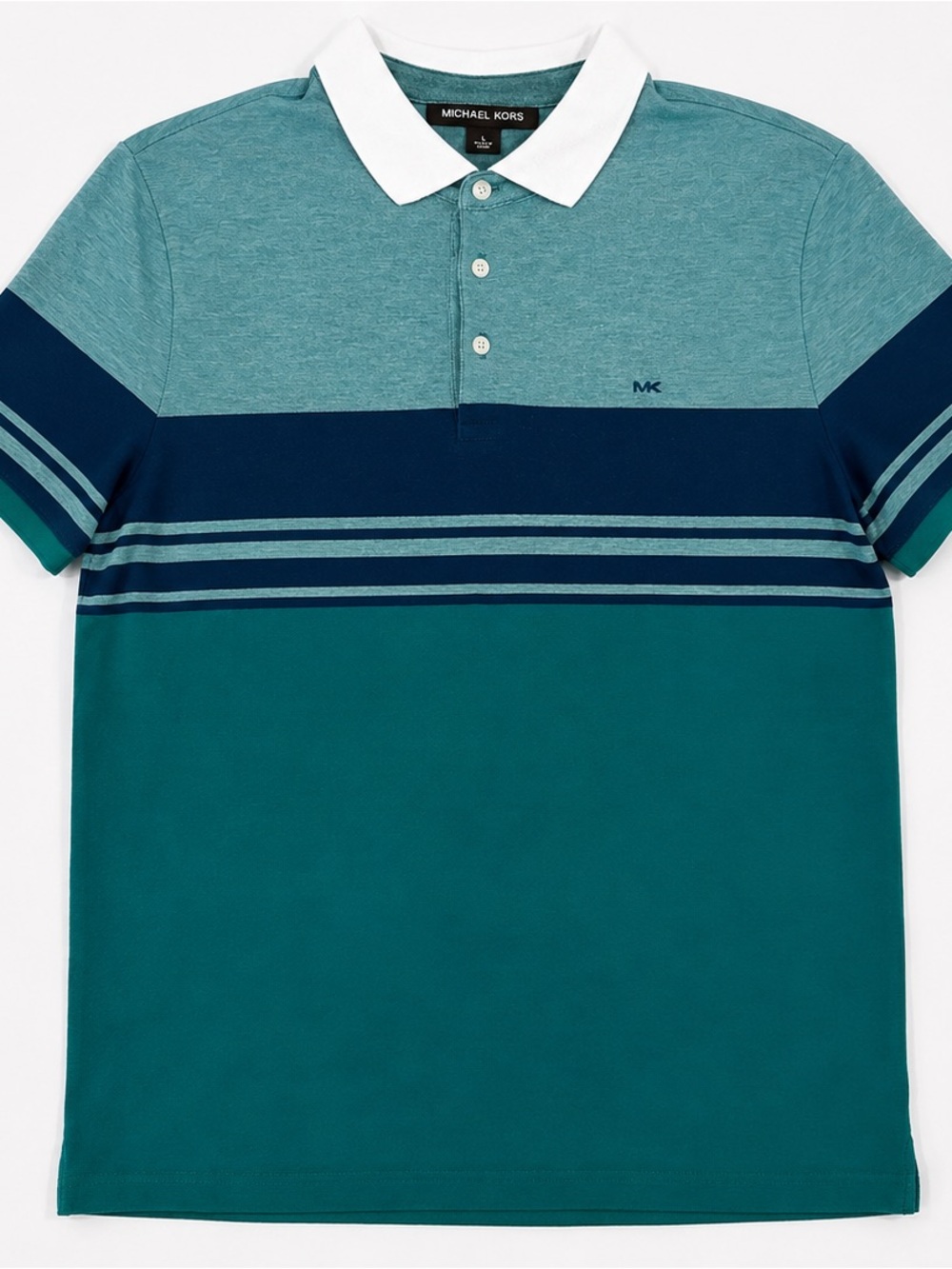 Michael Kors Teal, Navy & White Blocked Stripe Polo